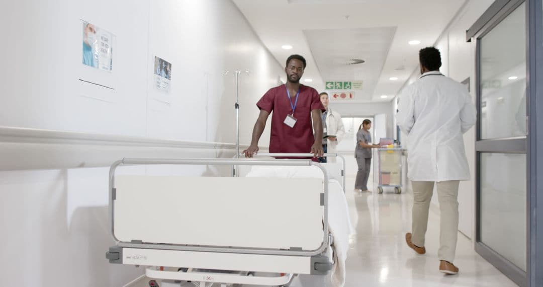 Clinical staff in a hospital corridor
