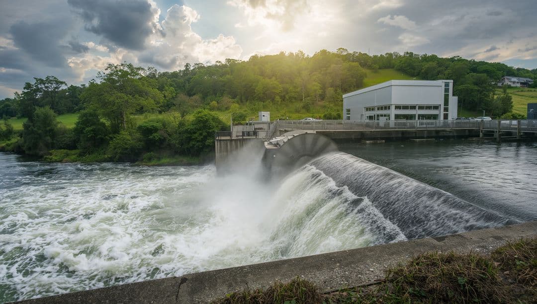 A hydro weir and water infrastructure facility on a river