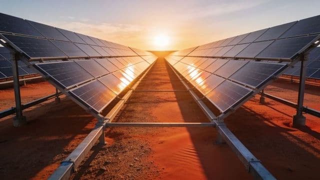 Rows of solar panels at sunset
