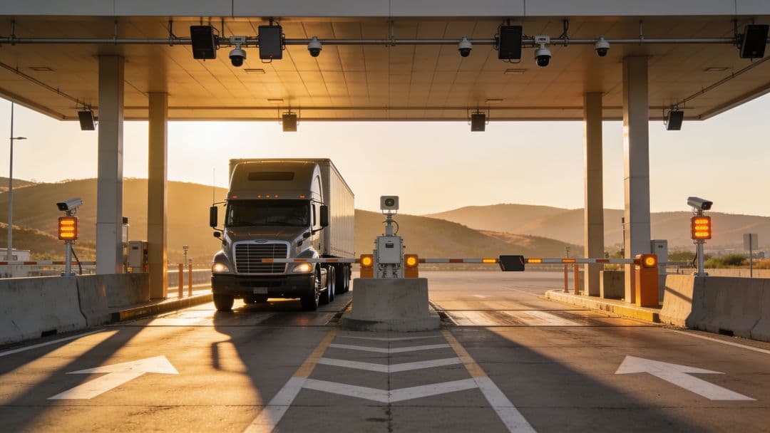 A freight truck passing through a toll and logistics checkpoint at sunset